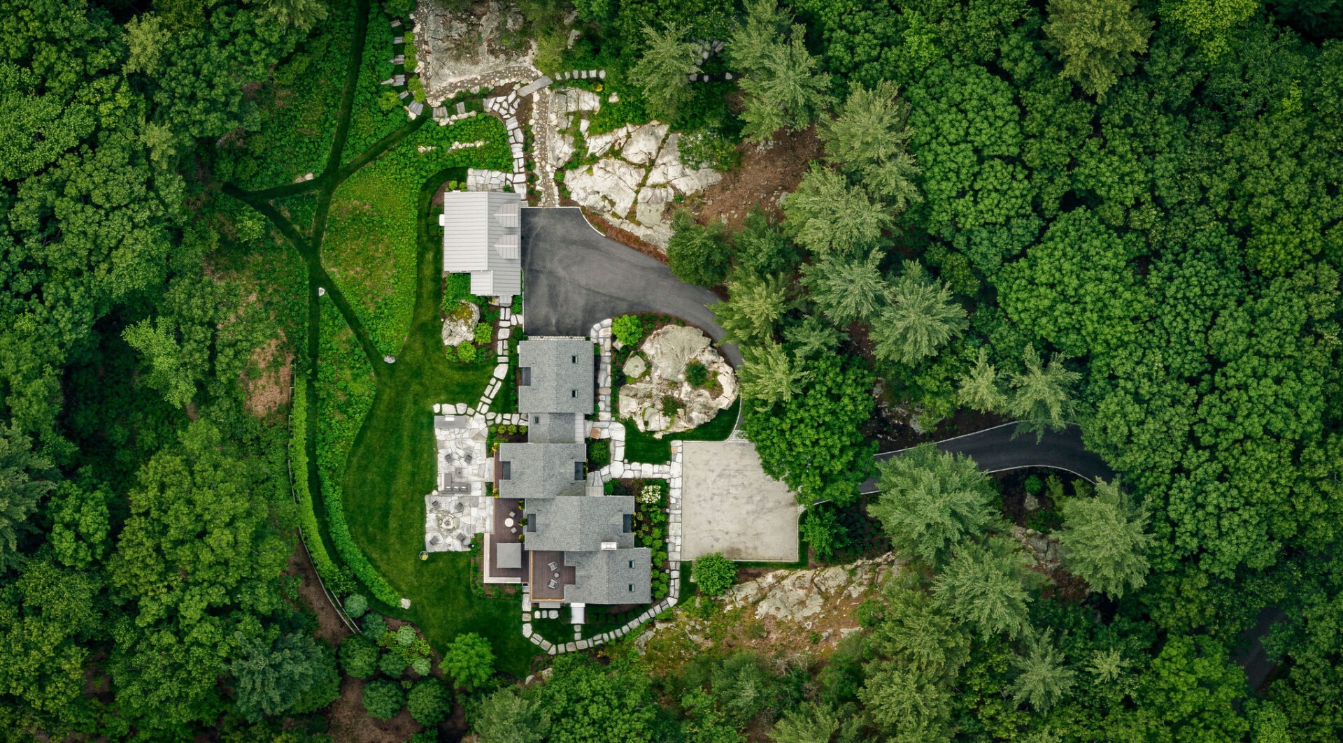 Aerial view of a large estate with multiple roofs, surrounded by lush greenery, with winding pathways and a driveway cutting through the landscape.