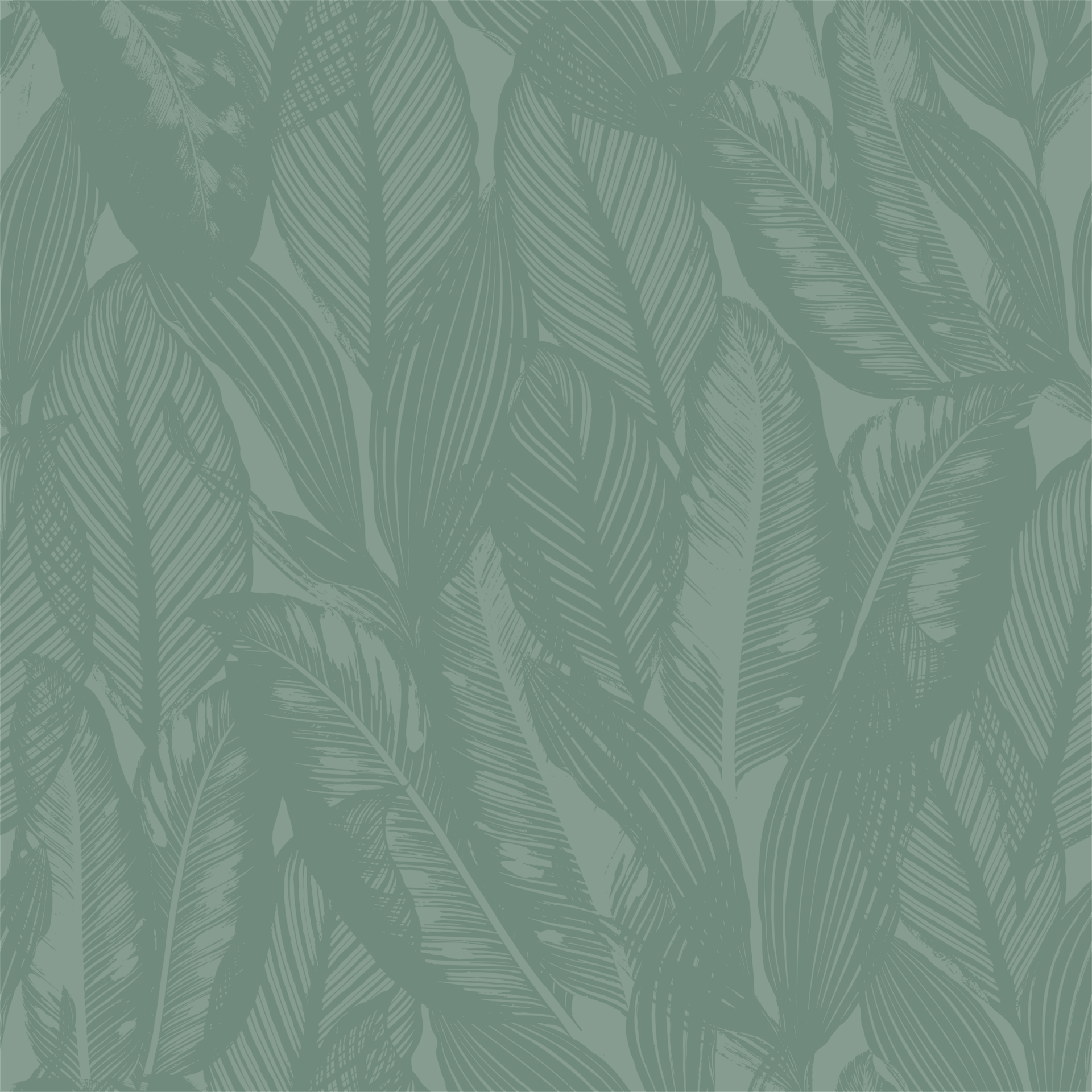 The image features an intricate pattern of hand-drawn, textured leaves in varying shades of green, creating a dense and lush tropical foliage backdrop.