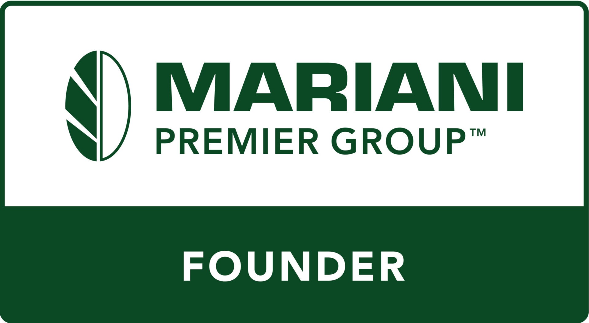 The image displays a logo for "MARIANI PREMIER GROUP" with a stylized leaf graphic, a trademark symbol, and the word "FOUNDER" below in a green banner.