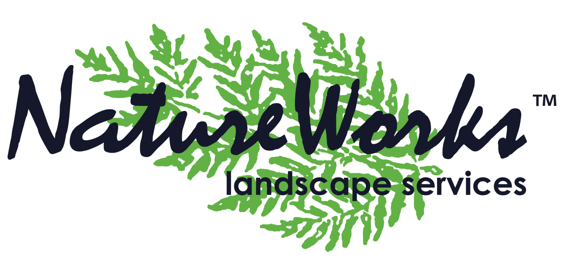 This is a logo featuring stylized green leaves forming a circle around the words "NatureWorks landscape services" in navy blue, with "TM" indicating a trademark.