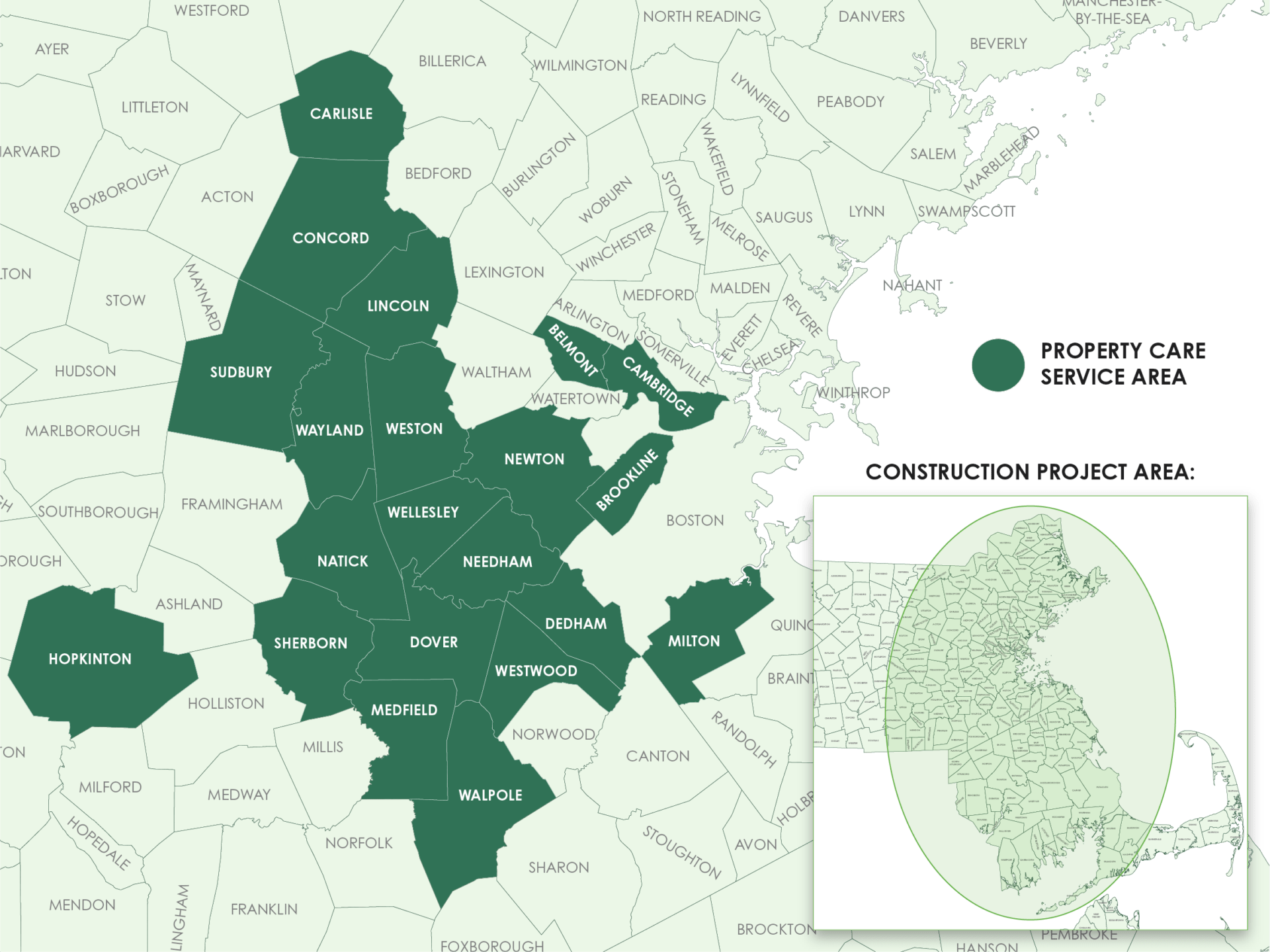 The image displays a map depicting two distinct service areas around Boston: one for property care, the other for construction projects, with city names labeled.