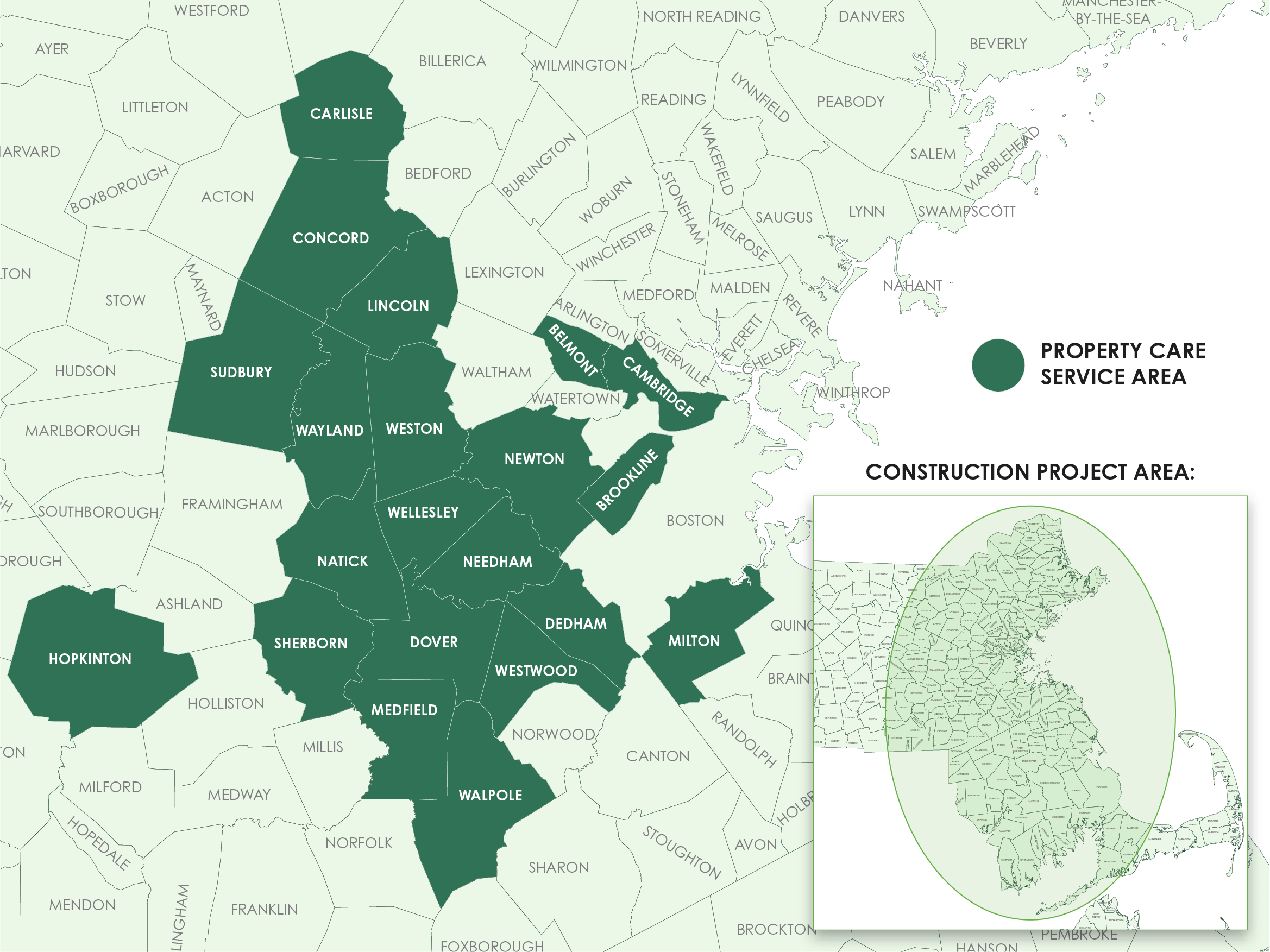 The image displays a map depicting two distinct service areas around Boston: one for property care, the other for construction projects, with city names labeled.